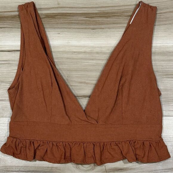 Molly Green Brown Linen Blend Tank Top Crop Ruffle Women’s Small - Picture 1 of 4